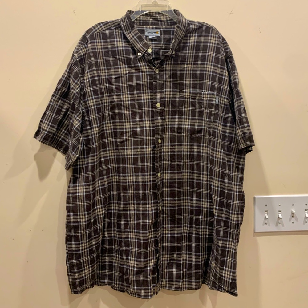 Carhartt Men’s Short Sleeve, Brown Plaid Shirt, size: XXL